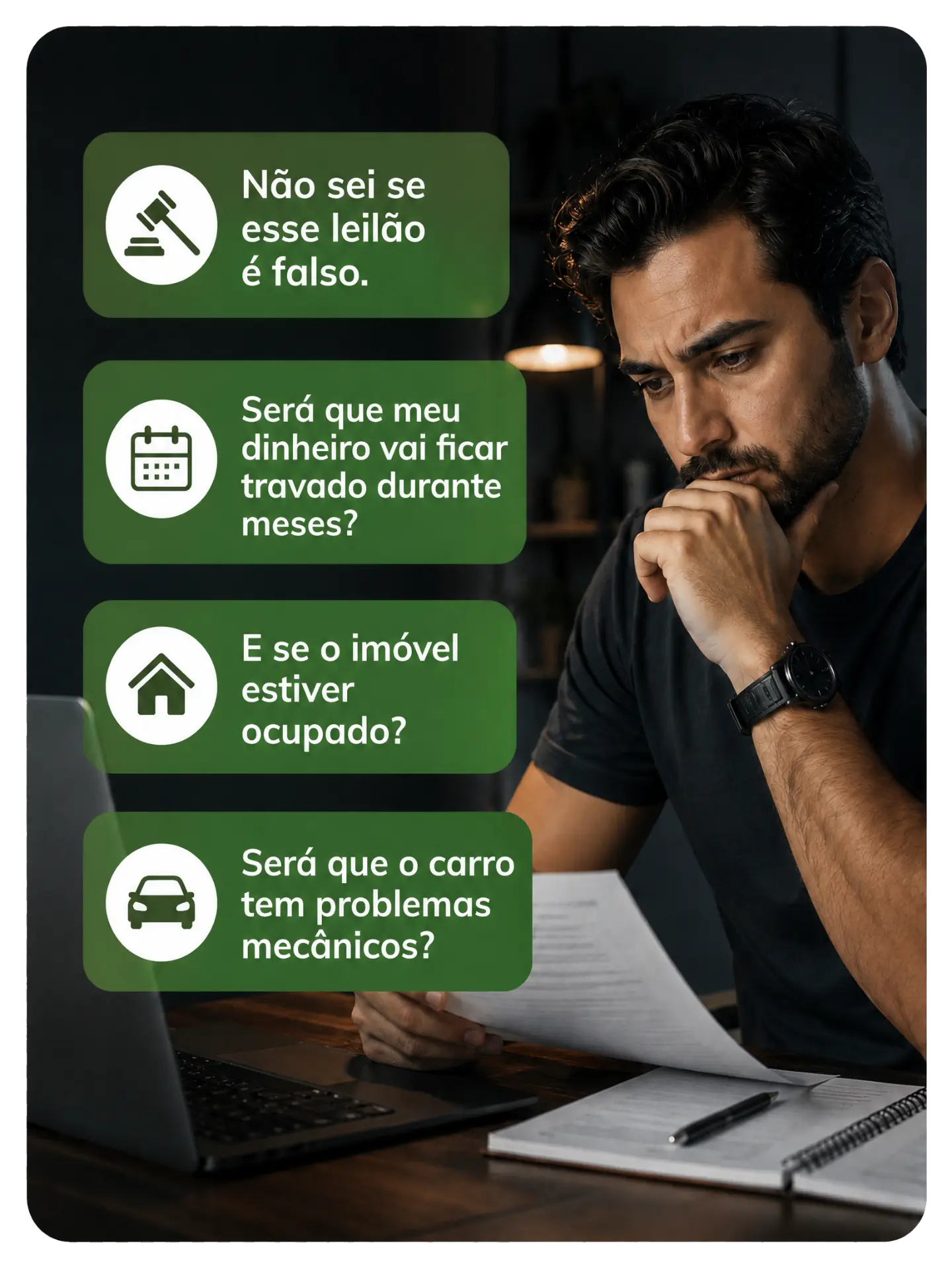 Pessoa travada na hora de arrematar, com as principais dúvidas sobre leilão